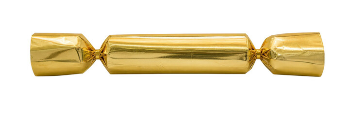 Shiny golden Christmas cracker, wrapped in metallic foil, stands horizontally against a clean white background, ready for festive celebrations © Chinases