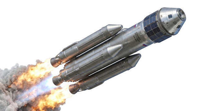 Large silver space rocket launching into the sky with bright fire and smoke coming from the powerful engine boosters isolated on transparent background