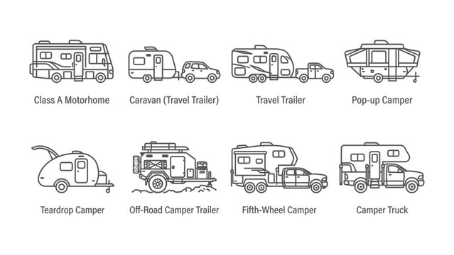 Diverse Camper Collection: An illustrative display showcasing a variety of camper types, from motorhomes and travel trailers to pop-up campers and truck campers.