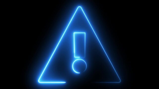 Glowing neon blue color warning attention sign icon animation danger risk alert error stop signal emergency hazard problem issue sign symbol on black background