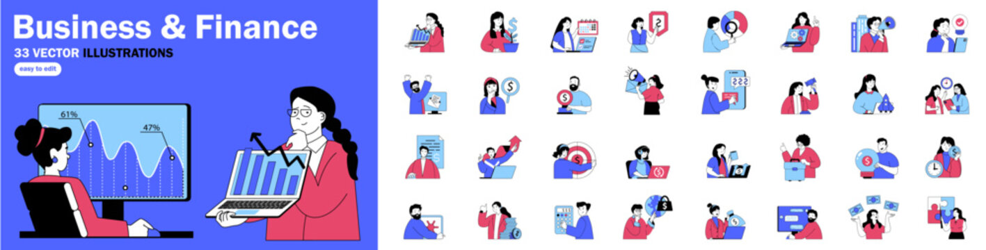 Business and finance flat concepts with people mega set. Collection scenes of featuring analytics, budgeting, investment, banking, accounting, financial planning. Bundle vector illustrations.