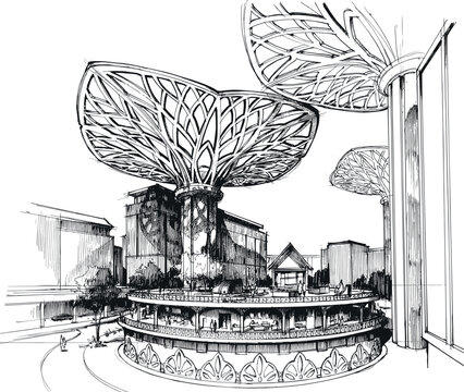 Hand drawn architectural sketch illustration of modern futuristic city plaza design concept with canopy structures