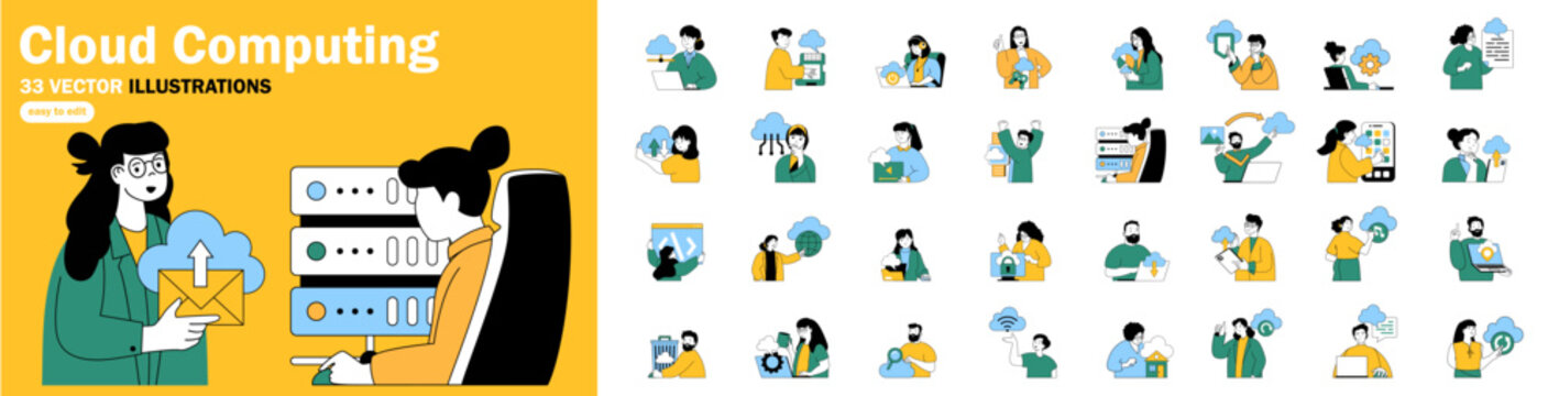 Cloud computing flat concepts with people mega set. Collection scenes of featuring cloud storage, data transfer, servers, cybersecurity, SaaS, remote access. Bundle vector illustrations.