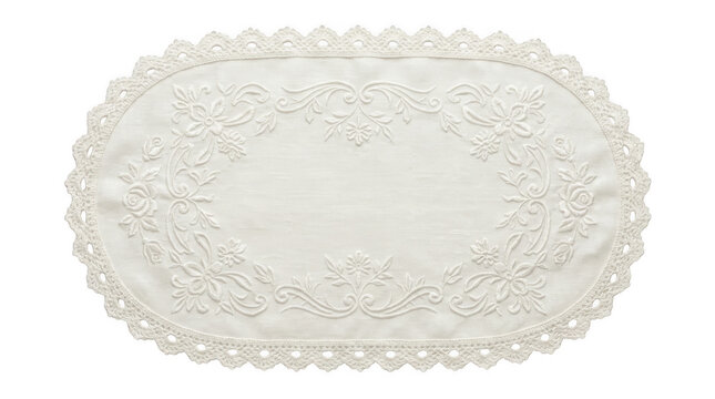 Oval white paper doily with delicate lace pattern for elegant table decoration and crafts isolated on transparent background