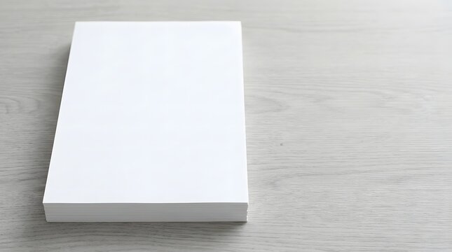 Empty stack of white paper sheets on light wood desk surface for corporate stationery
