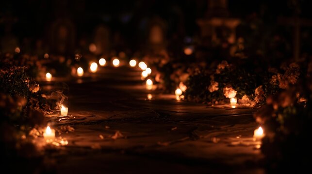 Glowing candles on a stone cemetery path lined with amber marigolds, creating a solemn and immersive atmosphere for a memorial holiday