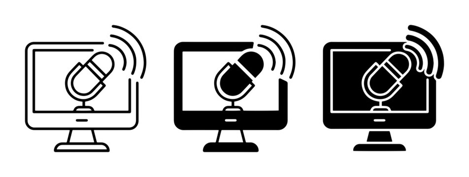 Computer Monitor with Microphone Icon Set, Digital Audio Broadcast and Online Streaming Concepts