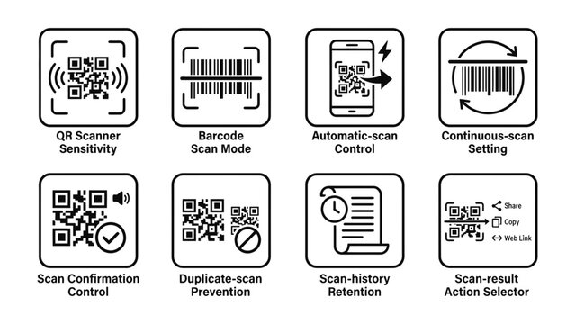 Scanning Technology Icons: A set of eight clean line icons illustrating various scanning technologies, including QR code reader functionality, barcode scanning modes, and scan result actions.