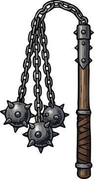 Medieval flail weapon with spiked metal balls and wooden handle