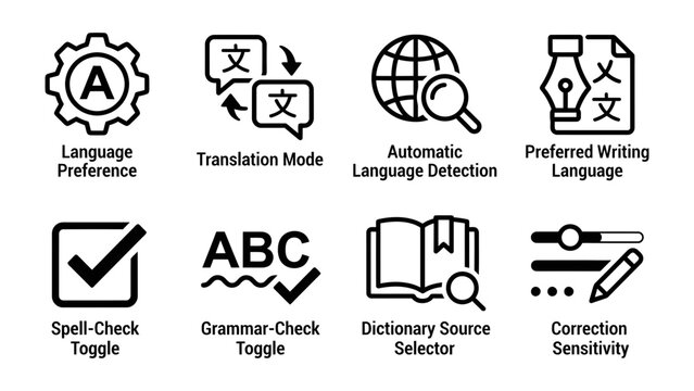 Language Tool Icons: A collection of clean, modern icons illustrating various language processing features, including language preference, translation, spell-check, grammar check.