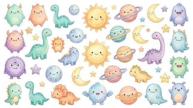 Adorable watercolor monsters and space elements in a cute cartoon style illustration.
