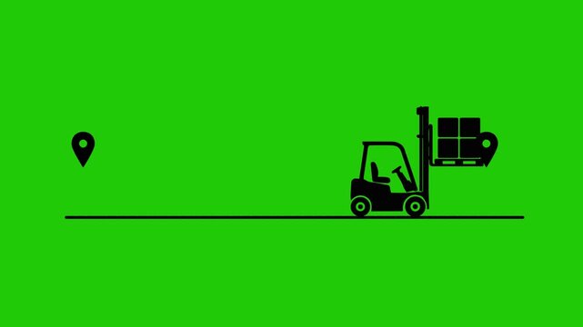 Logistics delivery forklift icons moving cargo on green background