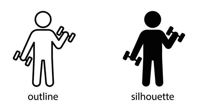 Fitness Iconography: A clear and concise representation of fitness, showing a person lifting weights in both an outline and a silhouette style, symbolizing strength and healthy living.
