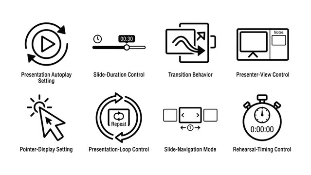 Presentation Icon Set: A collection of clean, modern line art icons representing various presentation controls and settings, ideal for software interfaces and design projects.