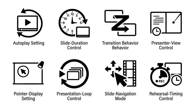 Presentation Control Icons: A collection of eight black and white icons illustrating various presentation controls, including autoplay, slide duration, transition, presenter view, pointer display.