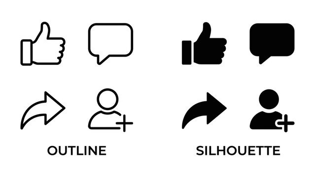 Social Media Icons: A set of social media interaction icons presented in both outline and silhouette styles, including like, comment, share, and add user symbols.