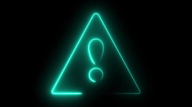 Glowing neon cyan color warning attention sign icon animation danger risk alert error stop signal emergency hazard problem issue sign symbol on black background