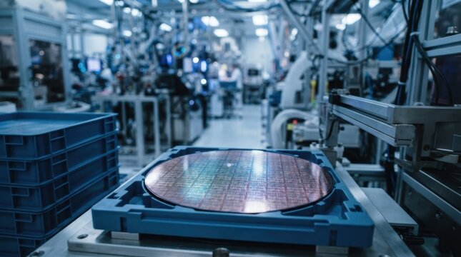 silicon wafer with etched chip die, transport crates, and fabrication tools