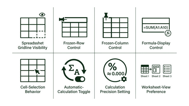 Spreadsheet Icon Set: A collection of eight monochrome icons representing various spreadsheet functions, including gridline visibility, row and column freezing, formula display, cell selection.