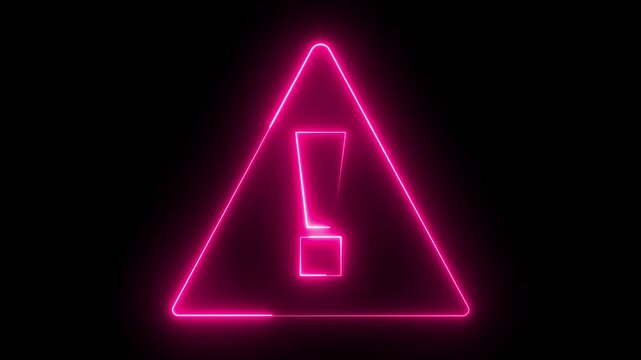 Glowing neon pink color warning attention sign icon animation danger risk alert error stop signal emergency hazard problem issue sign symbol on black background