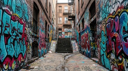 Naklejka premium Vibrant street art and graffiti doodles covering the walls of a narrow city alley.