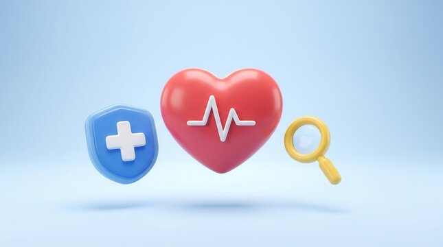 Healthcare concept featuring a 3D shield, red heart with pulse measurement, and magnifying glass for medical care.