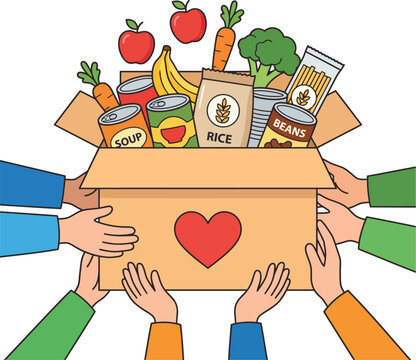 Cardboard box filled with food items is surrounded by helping hands
