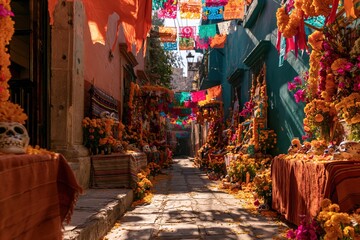 Naklejka premium Narrow festival street decorated for Day of the Dead with glowing marigolds, colorful banners, and rustic altars for cultural tourism backgrounds