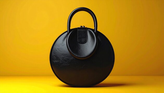 Black round leather handbag with top handle showing elegant accessory and fashion isolated on yellow background 3D rendering
