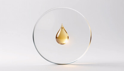 Mindful consumption focus: optical glass disc with concave center holding a glowing gold liquid drop