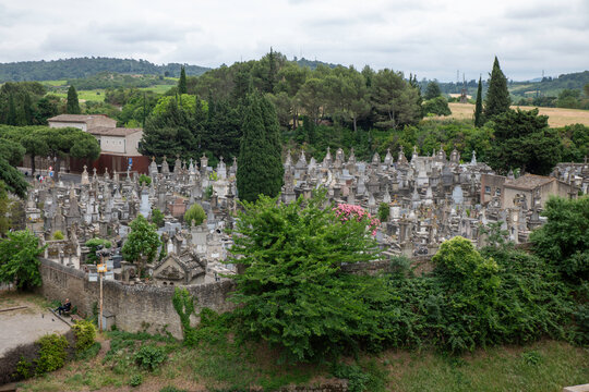 view on the Carcassone Graveyard with lot of graves and green in the area