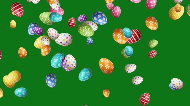 Falling Colorful Easter Eggs Drifting and Rotating with Vibrant Patterns, Smooth Floating Motion and Festive Spring Celebration Creating a Cheerful Animation on Green Screen Background