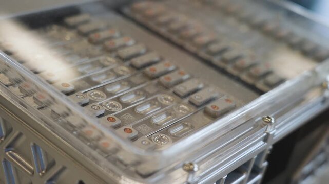 Close-up of electric vehicle battery cells arranged in a metal module in China, highlighting advanced energy storage technology and modern electric mobility manufacturing, UHD