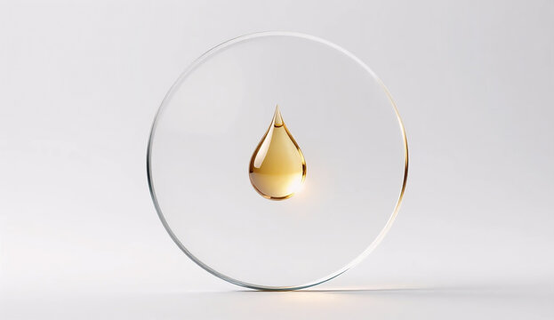 Mindful consumption focus: optical glass disc with concave center holding a glowing gold liquid drop