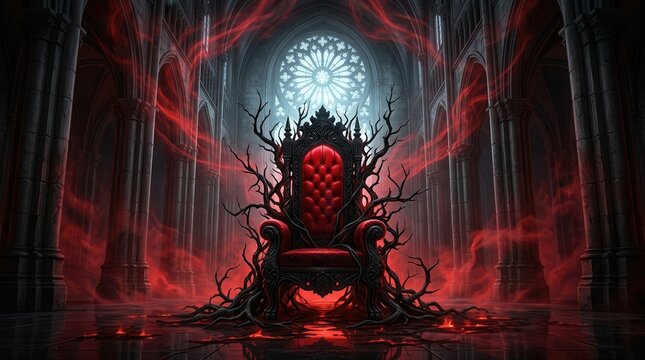 Scary hell throne hall background featuring a dark throne and gothic architecture.