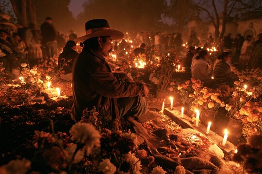 Mourner in a wide hat sitting among glowing candles and orange flowers at a nighttime cemetery vigil for Mexican remembrance traditions