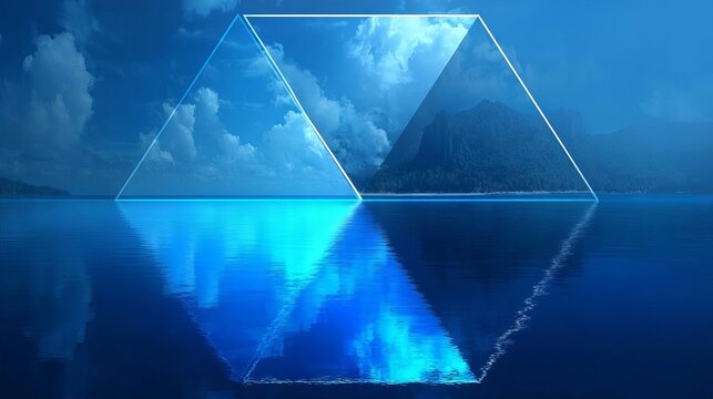 Abstract Geometric Reflection Design with Blue Seascape and Conceptual Triangle Mirror Shape.