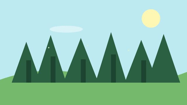 Minimalist evergreen forest landscape animation featuring a bright yellow sun moving across a clear blue sky in this digital footage