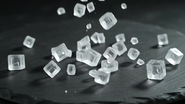 Clear ice cubes falling onto dark stone plate motion video