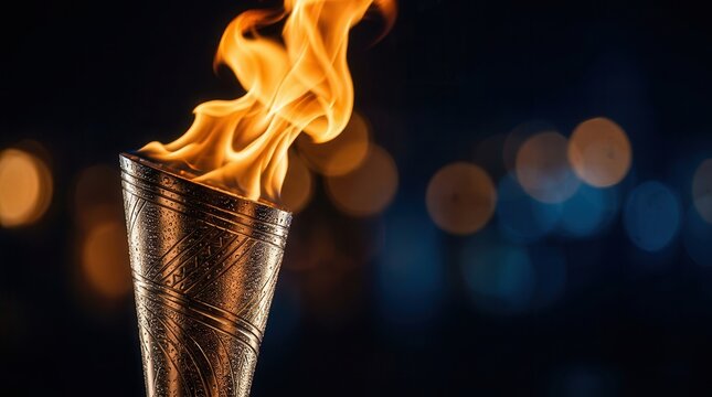 A golden torch featuring an Olympic flame against a dark bokeh background.