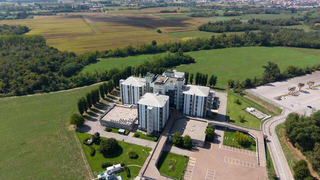 Aerial view of the semiconductor RD facility in Cornaredo, Lombardy, Italy.