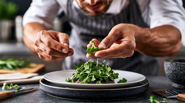 Chef hands plating micro herbs on dark ceramic dish with precision