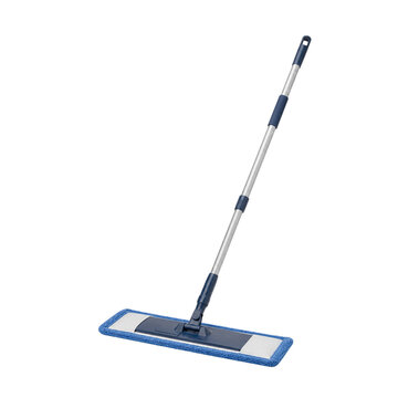 Blue microfiber flat mop with extendable silver handle isolated on transparent background PNG element