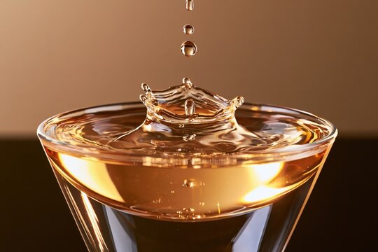 Clear golden liquid droplet falling into glass creating crown splash