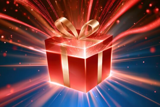Red gift box with gold ribbon glowing against abstract light burst background