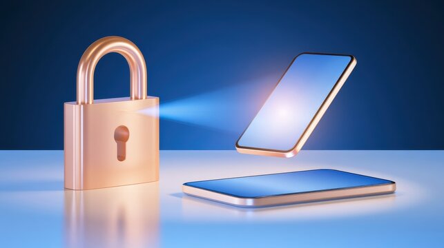 Glowing lock and floating smartphones illustrating two factor authentication concept