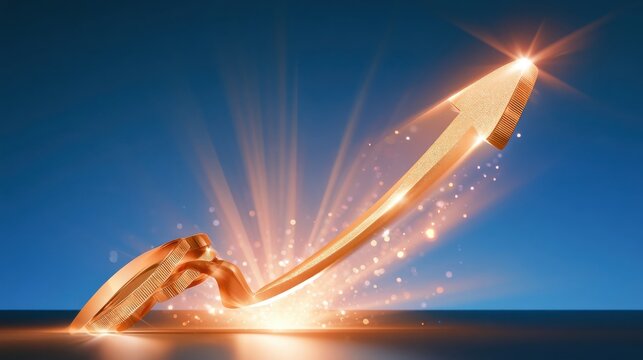 Glowing golden upward arrow emerging from abstract base with radiant light beams and sparkles against deep blue background