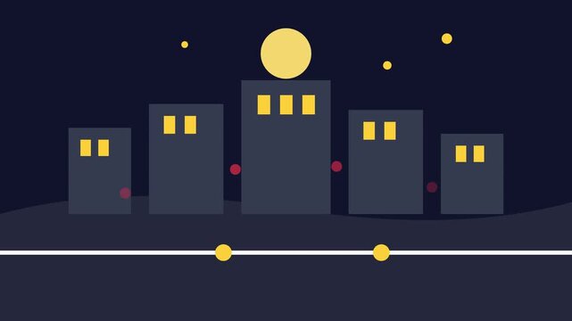 Minimalist night city skyline animation featuring moving yellow dots and glowing windows in a flat digital motion graphic design clip