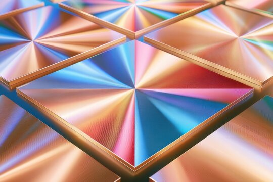Extreme macro of silicon wafer reflecting rainbow light with geometric patterns and metallic sheen