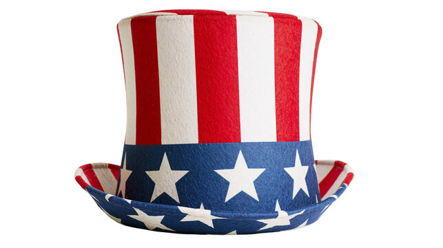 Uncle Sam top hat with red and white stripes and blue brim with white stars, isolated on transparent background